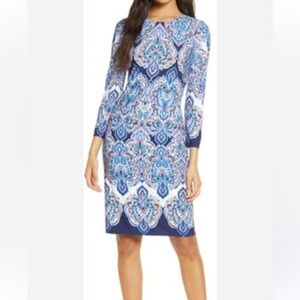 Eliza J‎ Blue Pink Paisley Print Jersey Knit Midi Dress Size 12